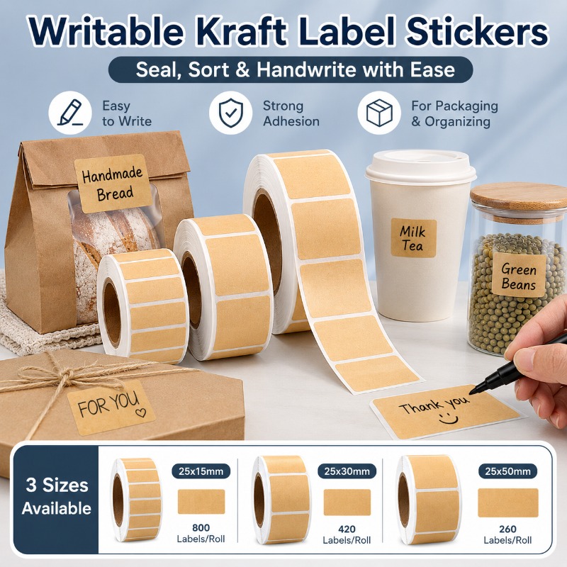 Food Storage Jar Labels - Writable Kraft Label Stickers Roll, Self