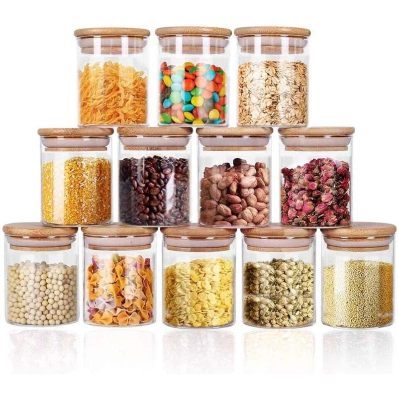 Food Storage Jar Labels - 12 Glass Jars Set with Bamboo