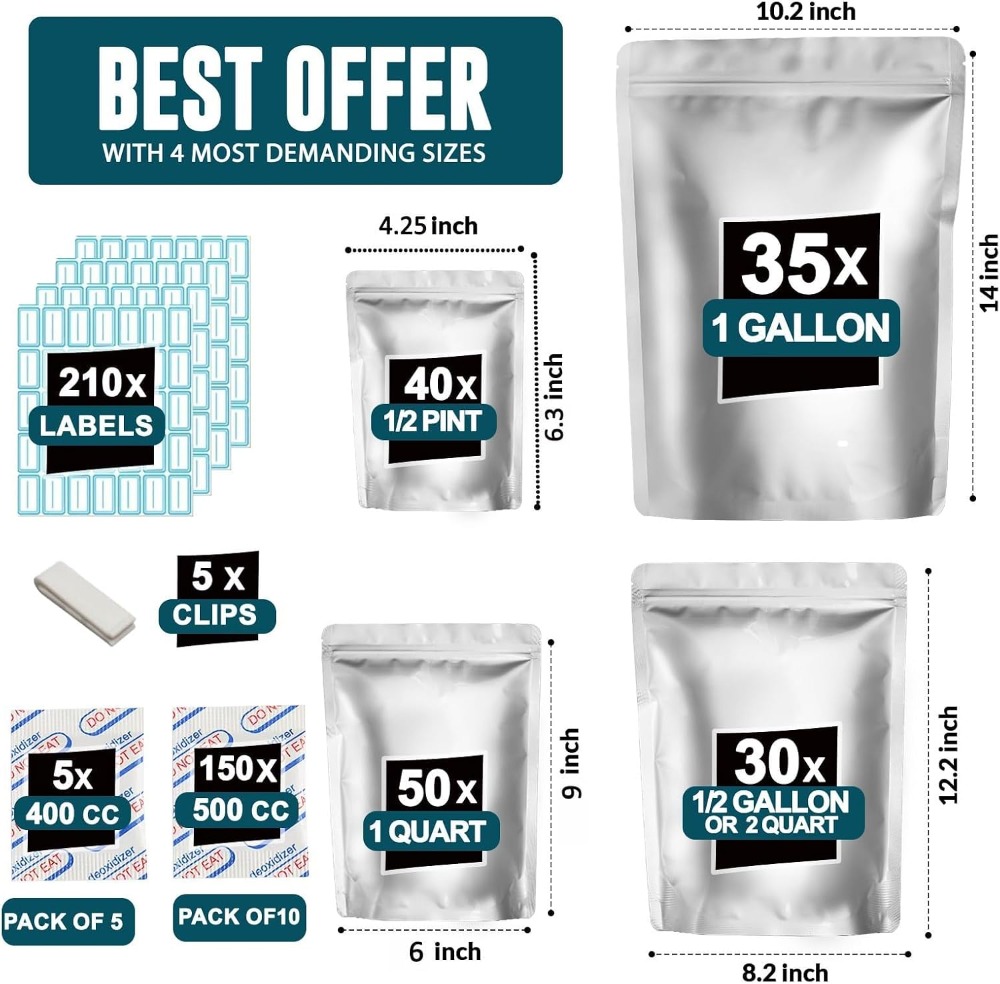 155 Mylar Bags with 155 Oxygen - Food Storage For Long Term 评论和价格
